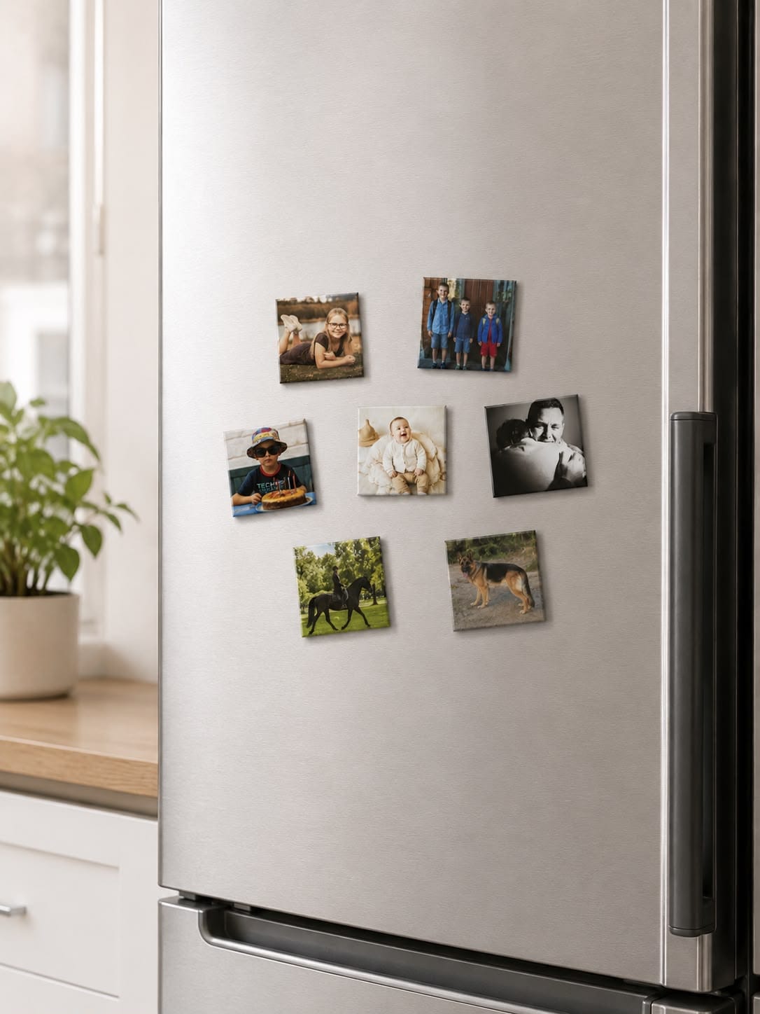Jongen bij fotomagneten op de koelkast